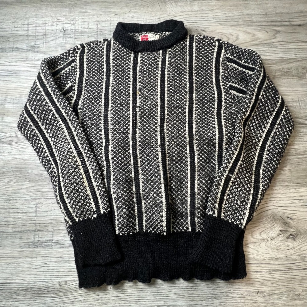 Milwaukee Knit Sweater Mens M Black White Striped Virgin Wool Vintage Mock Neck